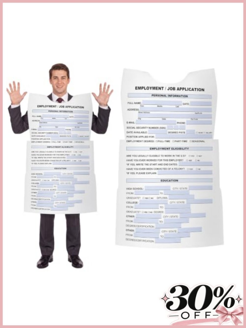 Funny Job Application Felt Costume Adult Halloween Cosplay Party Outfit